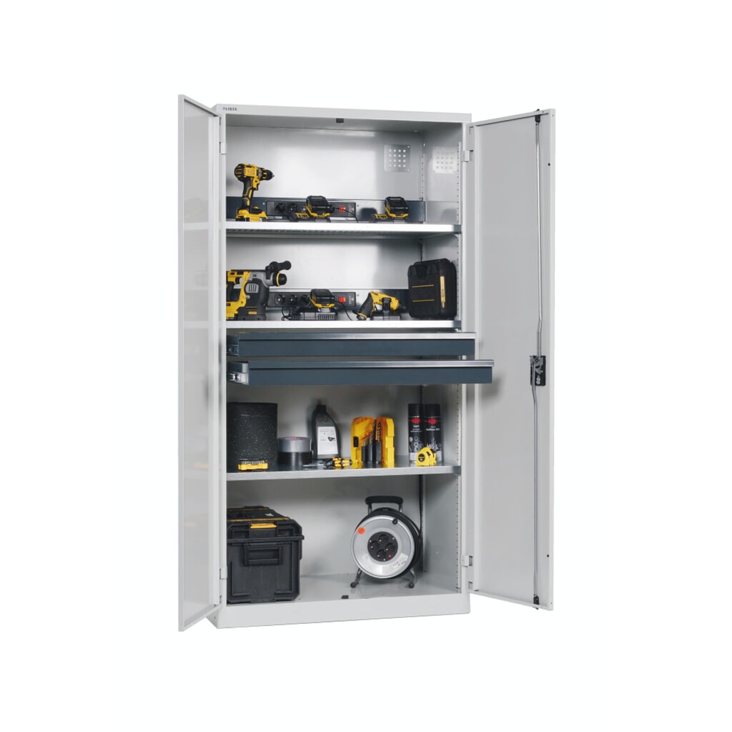 Produktabbildung: LISTA Akku-Ladeschrank, (BxTxH) 1000x580x1950mm, 2 Energieleisten Rückwand, 2 Schubladen, lichtgrau