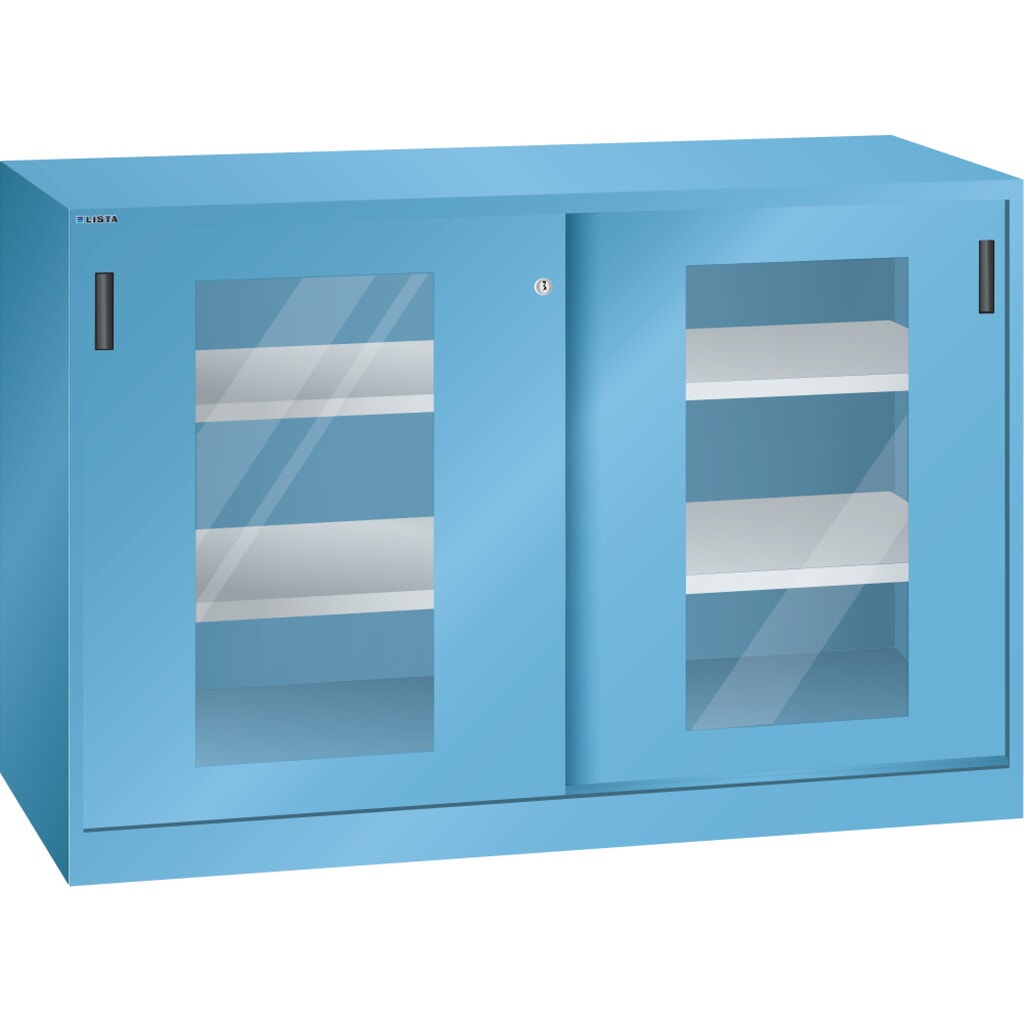 Produktabbildung: LISTA Beistellschrank mit Schiebetüren, (BxH) 1500x1000mm, 4 Verstellböden, Sichtfenster, Tiefe 400mm, lichtblau