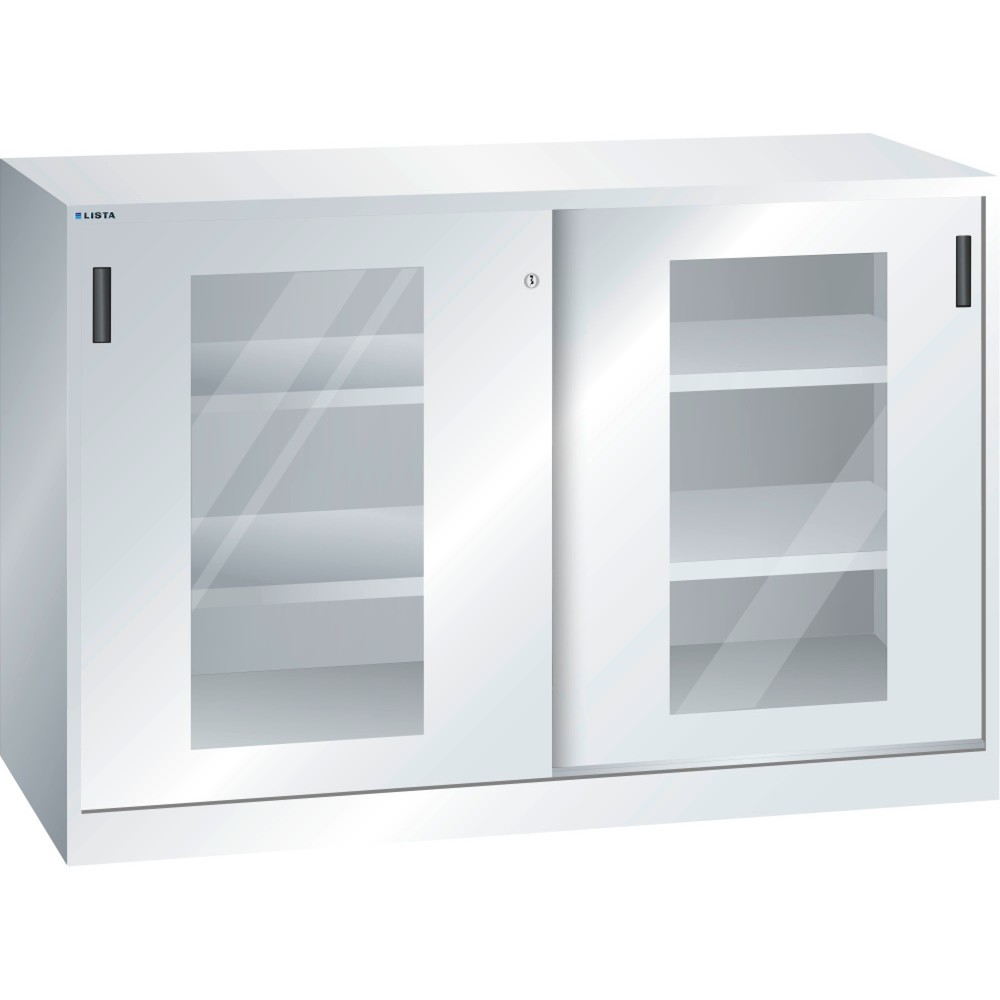 Produktabbildung: LISTA Beistellschrank mit Schiebetüren, (BxH) 1500x1000mm, 4 Verstellböden, Sichtfenster, Tiefe 400mm, lichtgrau