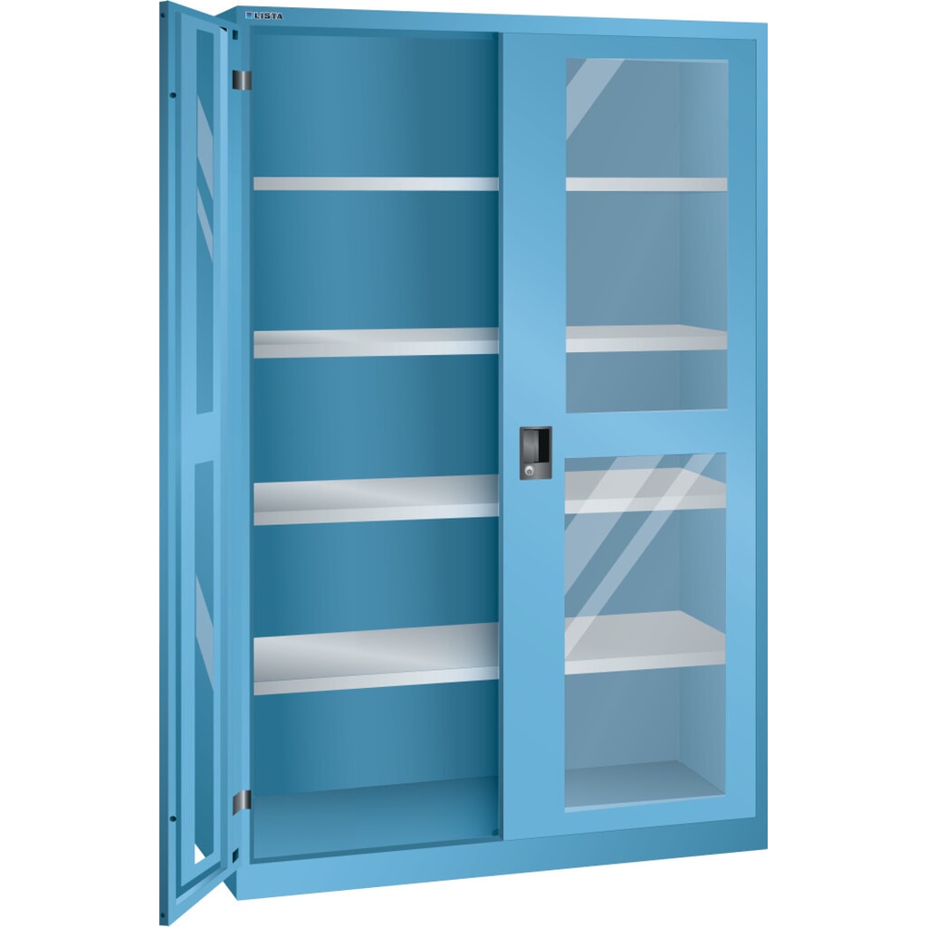 Produktabbildung: LISTA Flügeltürschrank mit Sichtfenster, (BxTxH) 1250x500x1950mm, 4 Verstellböden, lichtblau, KEY Lock