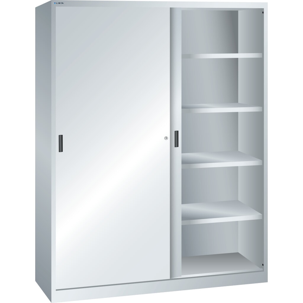 Produktabbildung: LISTA Schiebetürschrank, (BxTxH) 1500x400x1950mm, 8 Verstellböden, lichtgrau
