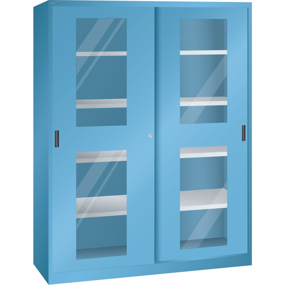 Produktabbildung: LISTA Schiebetürschrank, (BxTxH) 1500x400x1950mm, 8 Verstellböden, Sichtfenster, Tiefe 400mm, lichtblau