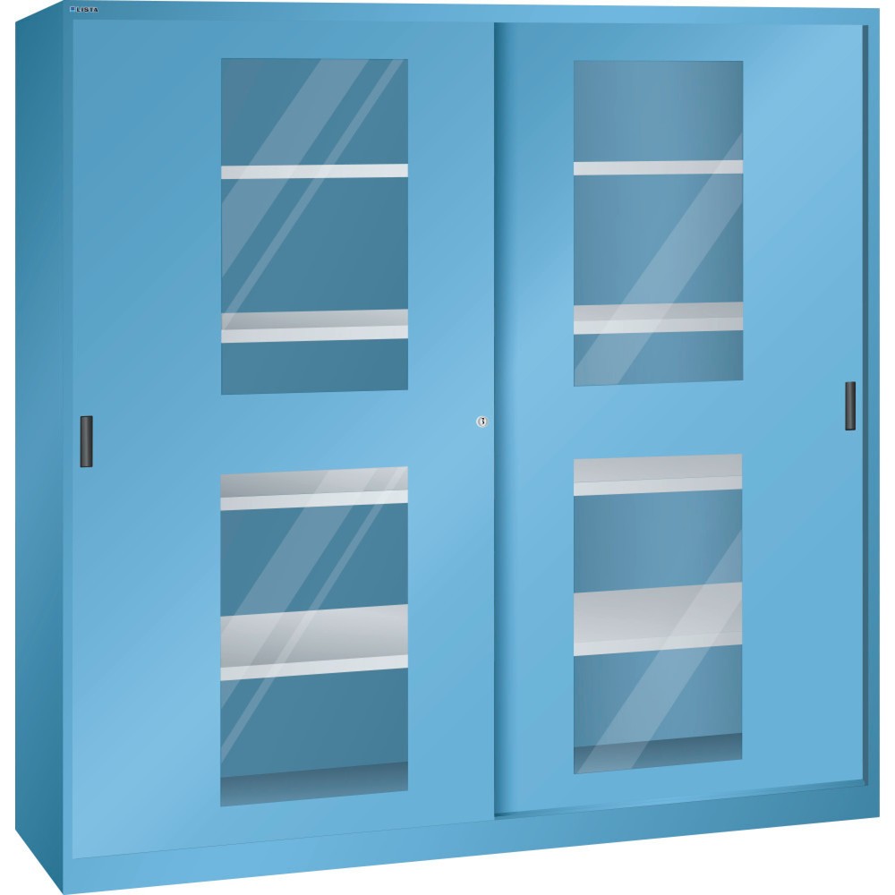 Produktabbildung: LISTA Schiebetürschrank, (BxTxH) 2000x400x1950mm, 8 Verstellböden, Sichtfenster, Tiefe 400mm, lichtblau