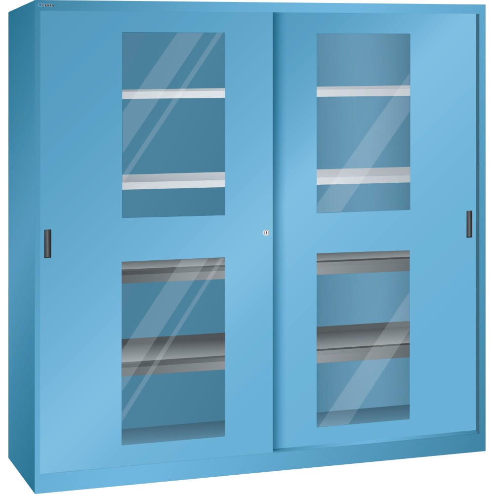 Produktabbildung: LISTA Schiebetürschrank, (BxTxH) 2000x580x1950mm, 4 Auszug-, 4 Verstellböden, Sichtfenster, lichtblau