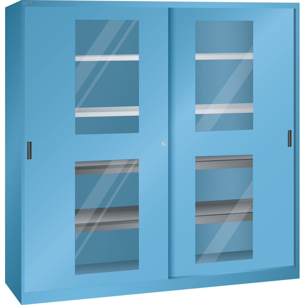 LISTA Schiebetürschrank, (BxTxH) 2000x580x1950mm, 4 Auszug-, 4 Verstellböden, Sichtfenster, lichtblau Produktabbildung: LISTA Schiebetürschrank, (BxTxH) 2000x580x1950mm, 4 Auszug-, 4 Verstellböden, Sichtfenster, lichtblau