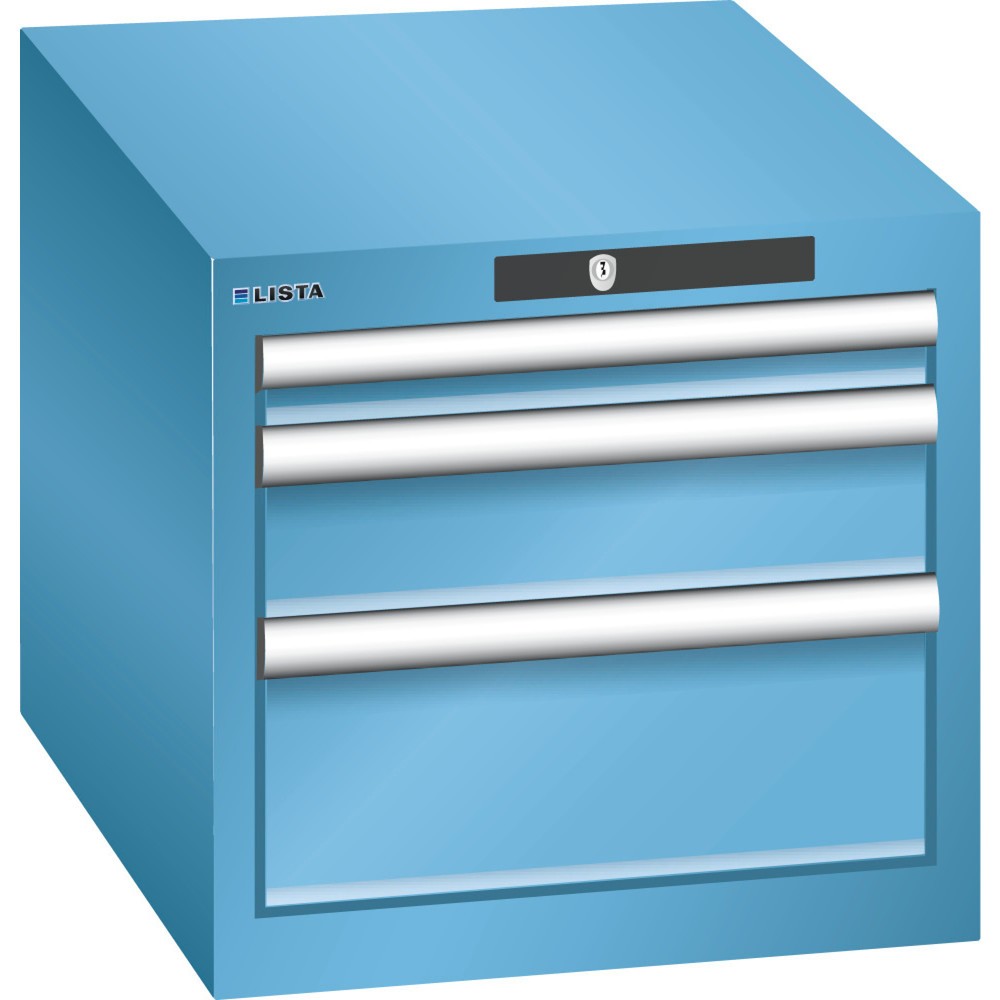 Produktabbildung: LISTA Schubladenschrank 18x27E, (BxTxH) 411x572x383mm, 3 Schubladen, 1 x 50 / 1 x 100 / 1 x 150, lichtblau, KEY Lock