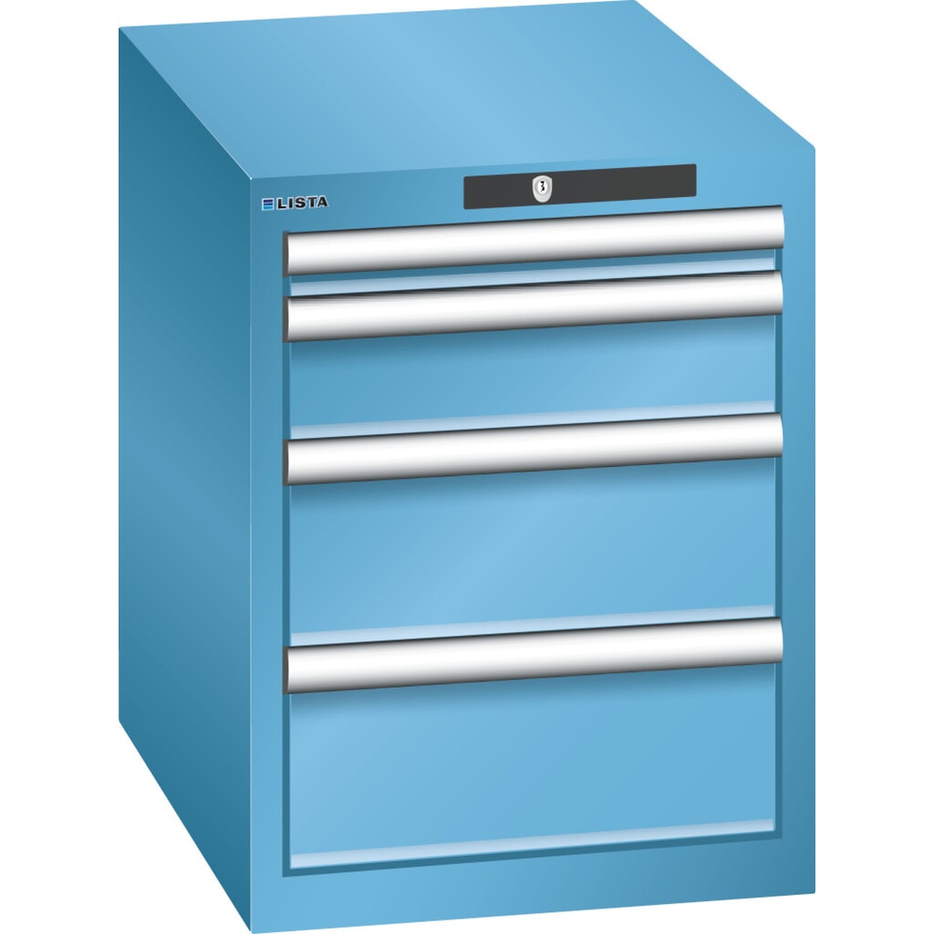 Produktabbildung: LISTA Schubladenschrank 18x27E, (BxTxH) 411x572x533mm, 4 Schubladen, 1 x 50 / 1 x 100 / 2 x 150, lichtblau, KEY Lock