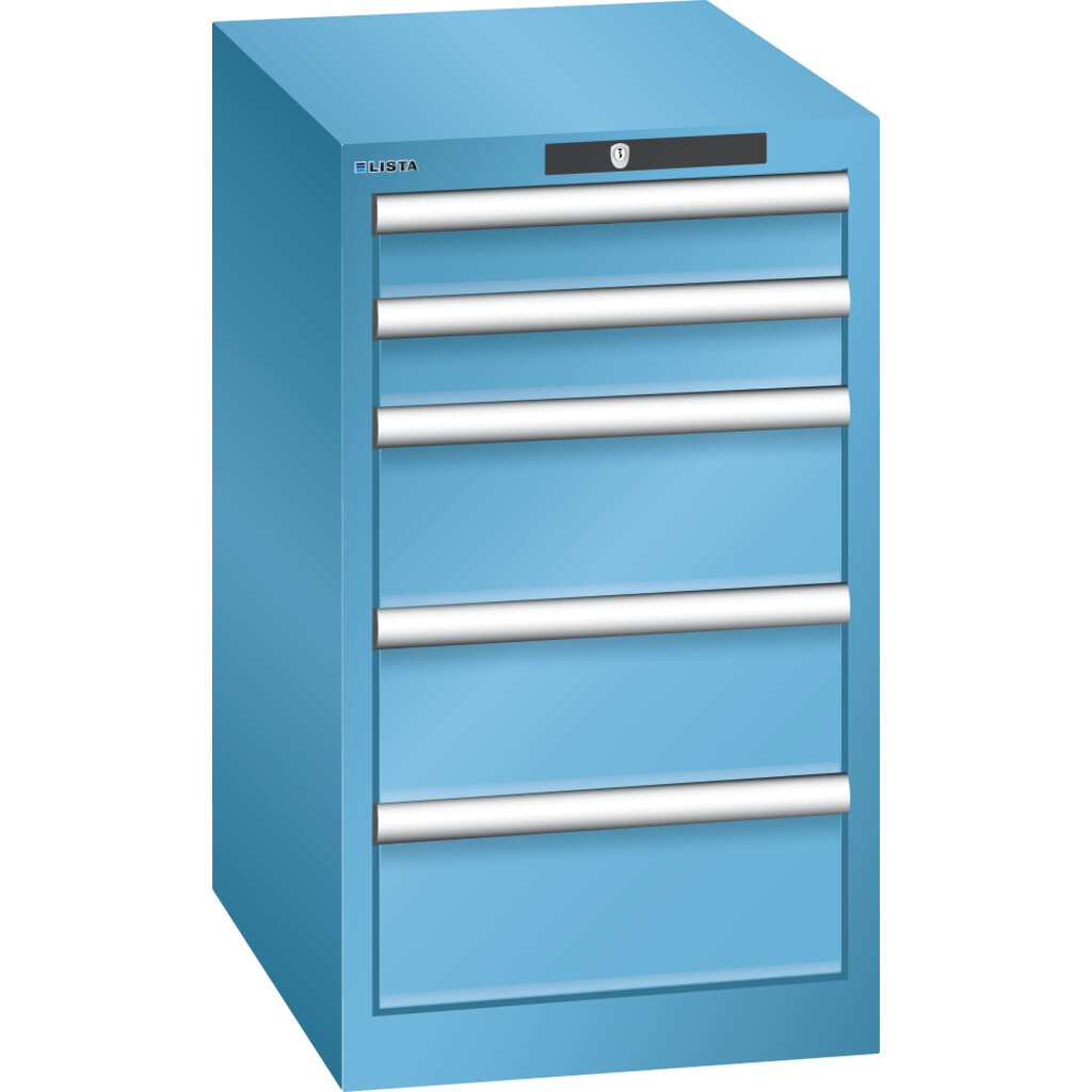 LISTA Schubladenschrank 18x27E, (BxTxH) 411x572x700mm, 5 Schubladen, 2 x 75 / 3 x 150, lichtblau, KEY Lock Produktabbildung: LISTA Schubladenschrank 18x27E, (BxTxH) 411x572x700mm, 5 Schubladen, 2 x 75 / 3 x 150, lichtblau, KEY Lock