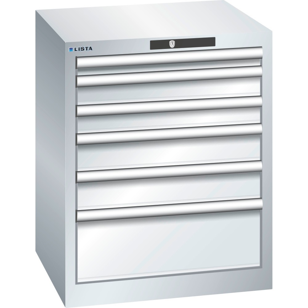 Produktabbildung: LISTA Schubladenschrank 27x27E, (BxTxH) 564x572x700mm, 6 Schubladen, Fronthöhen 50-200mm, lichtgrau, KEY Lock