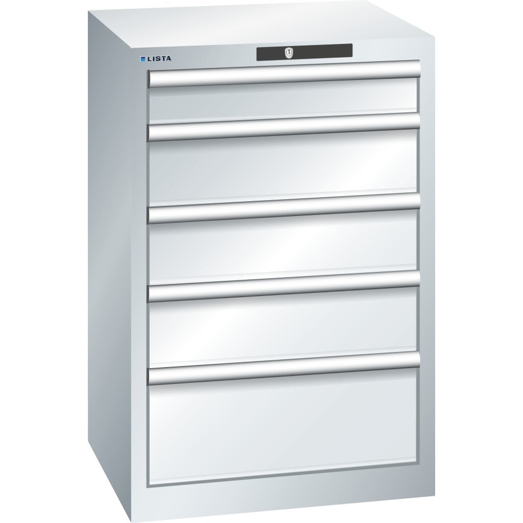 Produktabbildung: LISTA Schubladenschrank 27x27E, (BxTxH) 564x572x850mm, 5 Schubladen, 1 x 100 / 3 x 150 / 1 x 200, lichtgrau, KEY Lock