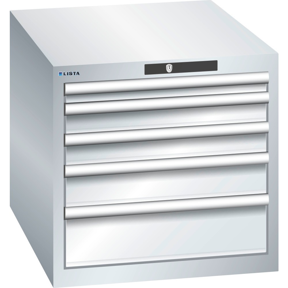 Produktabbildung: LISTA Schubladenschrank 27x36E, (BxTxH) 564x725x533mm, 5 Schubladen, Fronthöhen 50-150mm, lichtgrau, CODE Lock