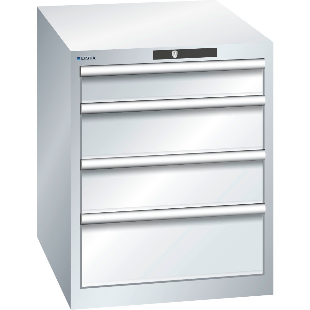 Produktabbildung: LISTA Schubladenschrank 27x36E, (BxTxH) 564x725x700mm, 4 Schubladen, 1 x 100 / 2 x 150 / 1 x 200, lichtgrau, KEY Lock