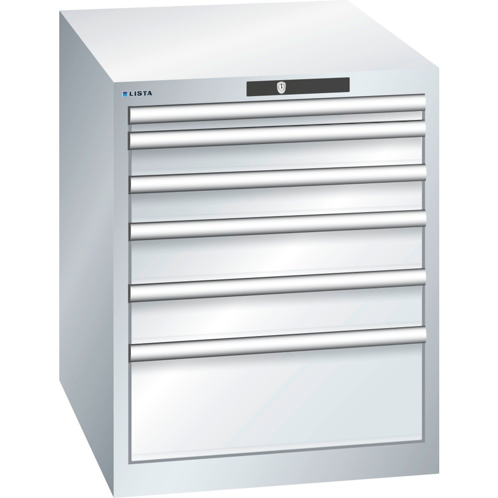 Produktabbildung: LISTA Schubladenschrank 27x36E, (BxTxH) 564x725x700mm, 6 Schubladen, Fronthöhen 50-200mm, lichtgrau, KEY Lock