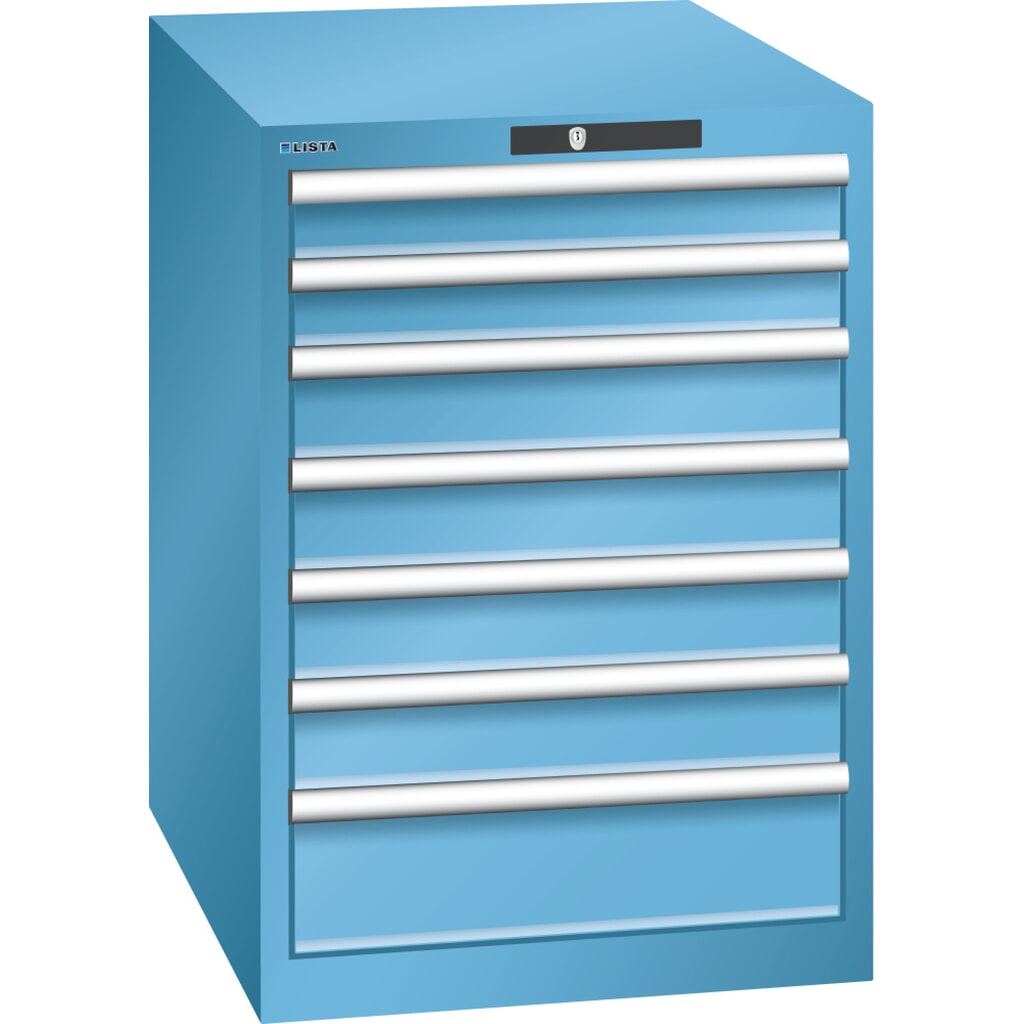 Produktabbildung: LISTA Schubladenschrank 27x36E, (BxTxH) 564x725x800mm, 7 Schubladen, 2 x 75 / 4 x 100 / 1 x 150, lichtblau, KEY Lock