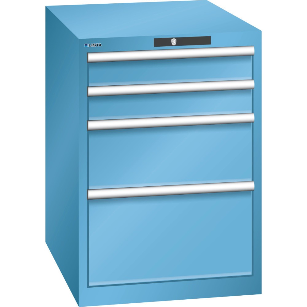 Produktabbildung: LISTA Schubladenschrank 27x36E, (BxTxH) 564x725x800mm, 4 Schubladen, 2 x 100 / 1 x 200 / 1 x 300, lichtblau, CODE Lock