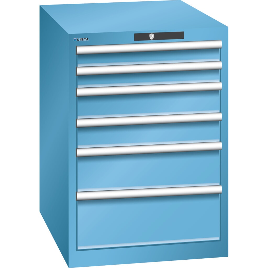LISTA Schubladenschrank 27x36E, (BxTxH) 564x725x800mm, 6 Schubladen, Fronthöhen 75-200mm, lichtblau, KEY Lock Produktabbildung: LISTA Schubladenschrank 27x36E, (BxTxH) 564x725x800mm, 6 Schubladen, Fronthöhen 75-200mm, lichtblau, KEY Lock