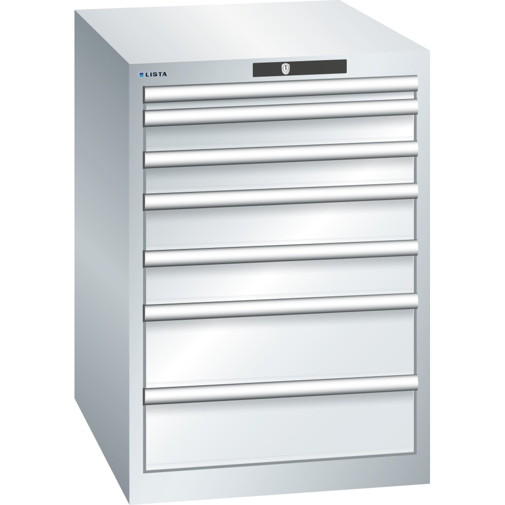 LISTA Schubladenschrank 27x36E, (BxTxH) 564x725x800mm, 7 Schubladen, Fronthöhen 50-150mm, lichtgrau, KEY Lock Produktabbildung: LISTA Schubladenschrank 27x36E, (BxTxH) 564x725x800mm, 7 Schubladen, Fronthöhen 50-150mm, lichtgrau, KEY Lock