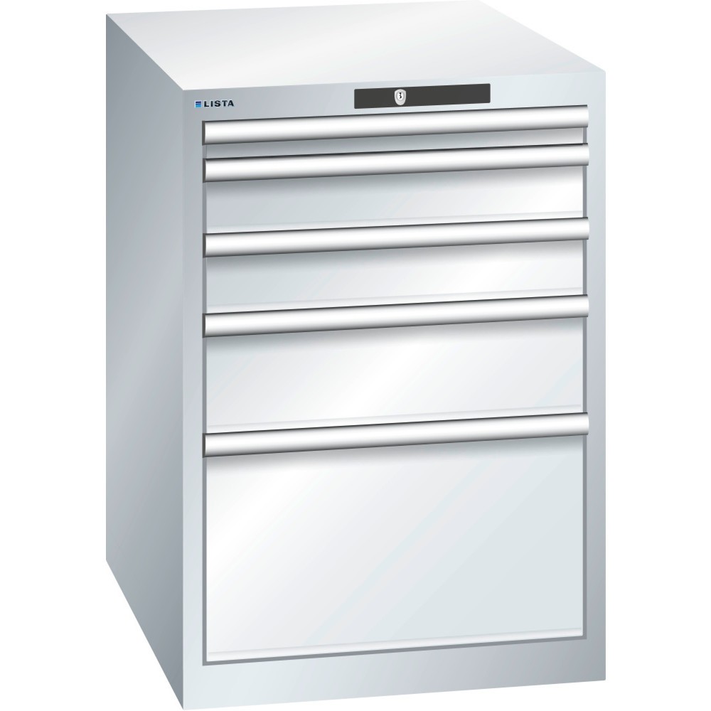 Produktabbildung: LISTA Schubladenschrank 27x36E, (BxTxH) 564x725x800mm, 5 Schubladen, Fronthöhen 50-300mm, lichtgrau, KEY Lock