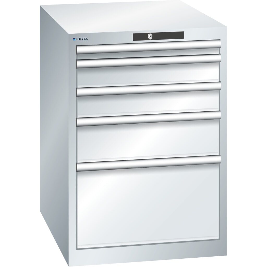 Produktabbildung: LISTA Schubladenschrank 27x36E, (BxTxH) 564x725x800mm, 5 Schubladen, Fronthöhen 50-300mm, lichtgrau, KEY Lock