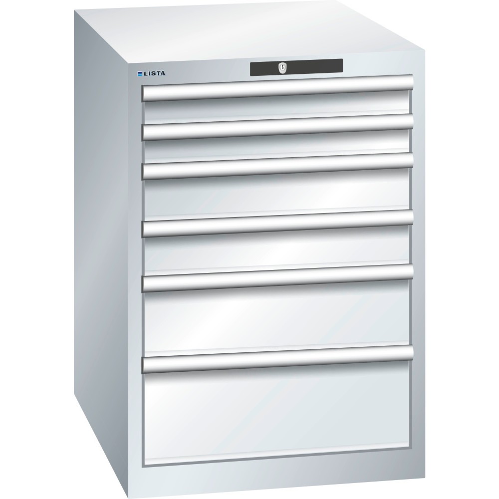 Produktabbildung: LISTA Schubladenschrank 27x36E, (BxTxH) 564x725x800mm, 6 Schubladen, Fronthöhen 75-200mm, lichtgrau, RFID Lock
