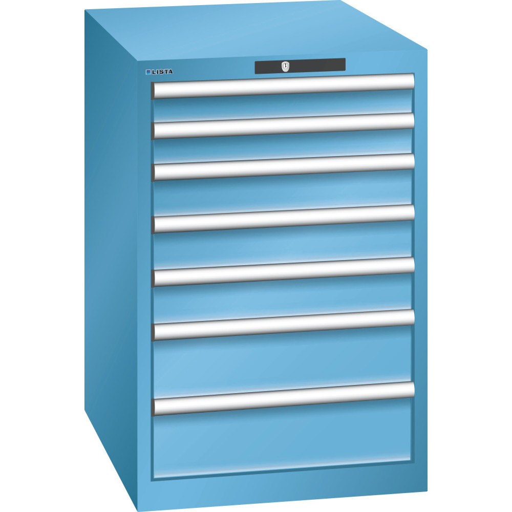 Produktabbildung: LISTA Schubladenschrank 27x36E, (BxTxH) 564x725x850mm, 7 Schubladen, 2 x 75 / 3 x 100 / 2 x 150, lichtblau, AUTO Lock