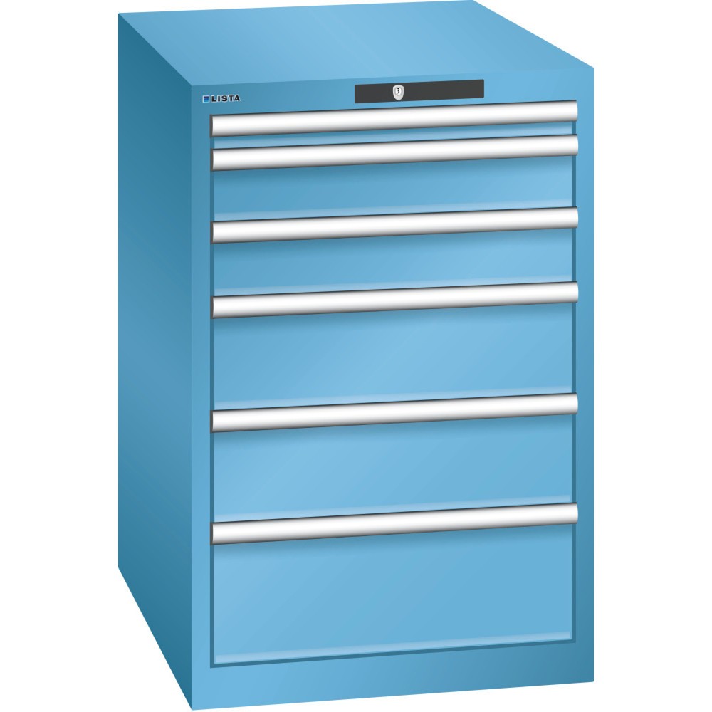 Produktabbildung: LISTA Schubladenschrank 27x36E, (BxTxH) 564x725x850mm, 6 Schubladen, Fronthöhen 50-200mm, lichtblau, KEY Lock