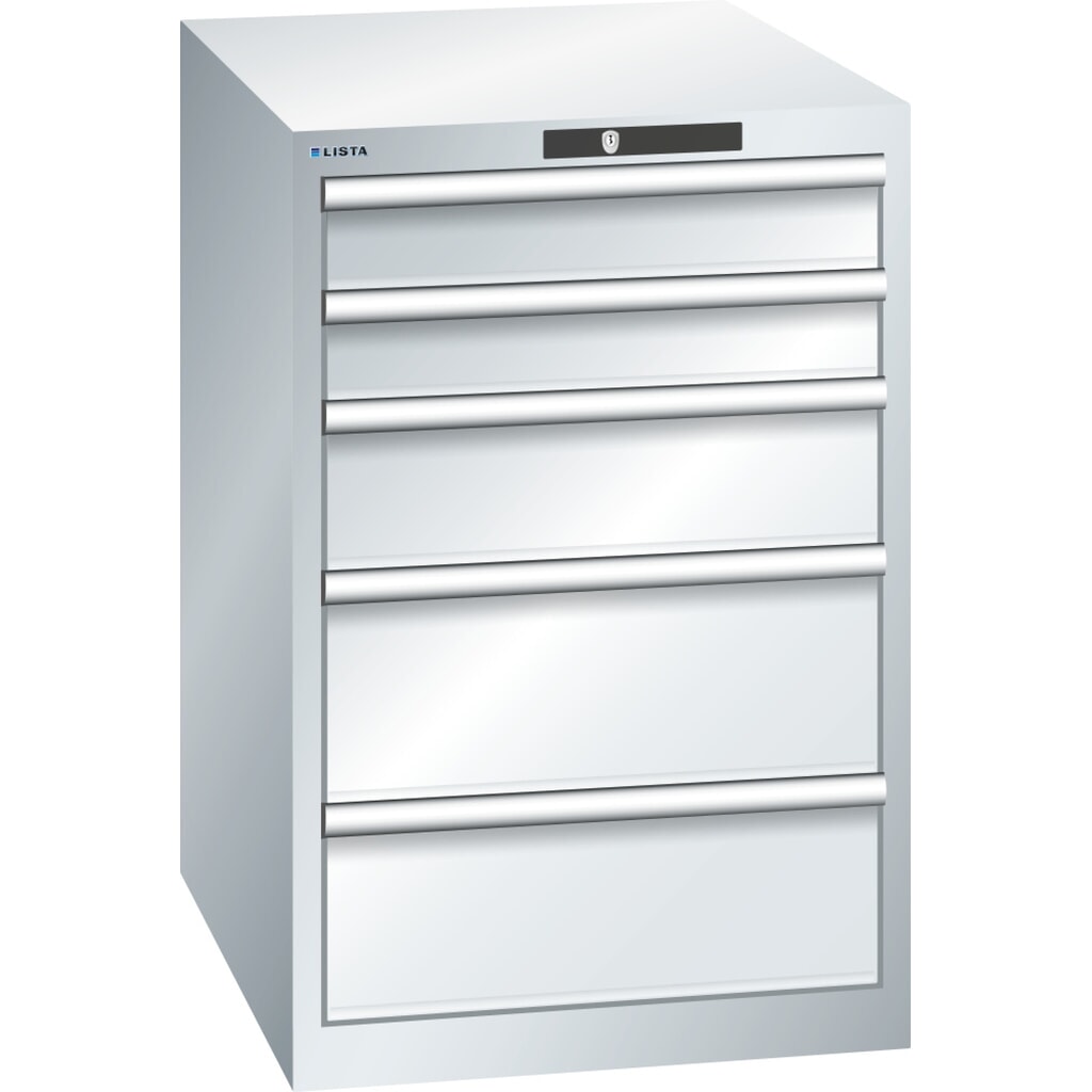 LISTA Schubladenschrank 27x36E, (BxTxH) 564x725x850mm, 5 Schubladen, 2 x 100 / 1 x 150 / 2 x 200, lichtgrau, KEY Lock Produktabbildung: LISTA Schubladenschrank 27x36E, (BxTxH) 564x725x850mm, 5 Schubladen, 2 x 100 / 1 x 150 / 2 x 200, lichtgrau, KEY Lock