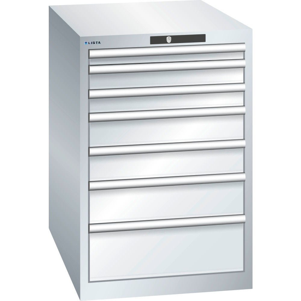 Produktabbildung: LISTA Schubladenschrank 27x36E, (BxTxH) 564x725x850mm, 7 Schubladen, Fronthöhen 50-200mm, lichtgrau, CODE Lock