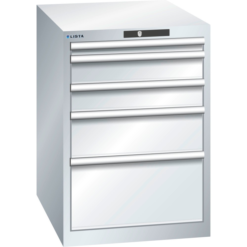 Produktabbildung: LISTA Schubladenschrank 27x36E, (BxTxH) 564x725x850mm, 5 Schubladen, Fronthöhen 50-300mm, lichtgrau, KEY Lock