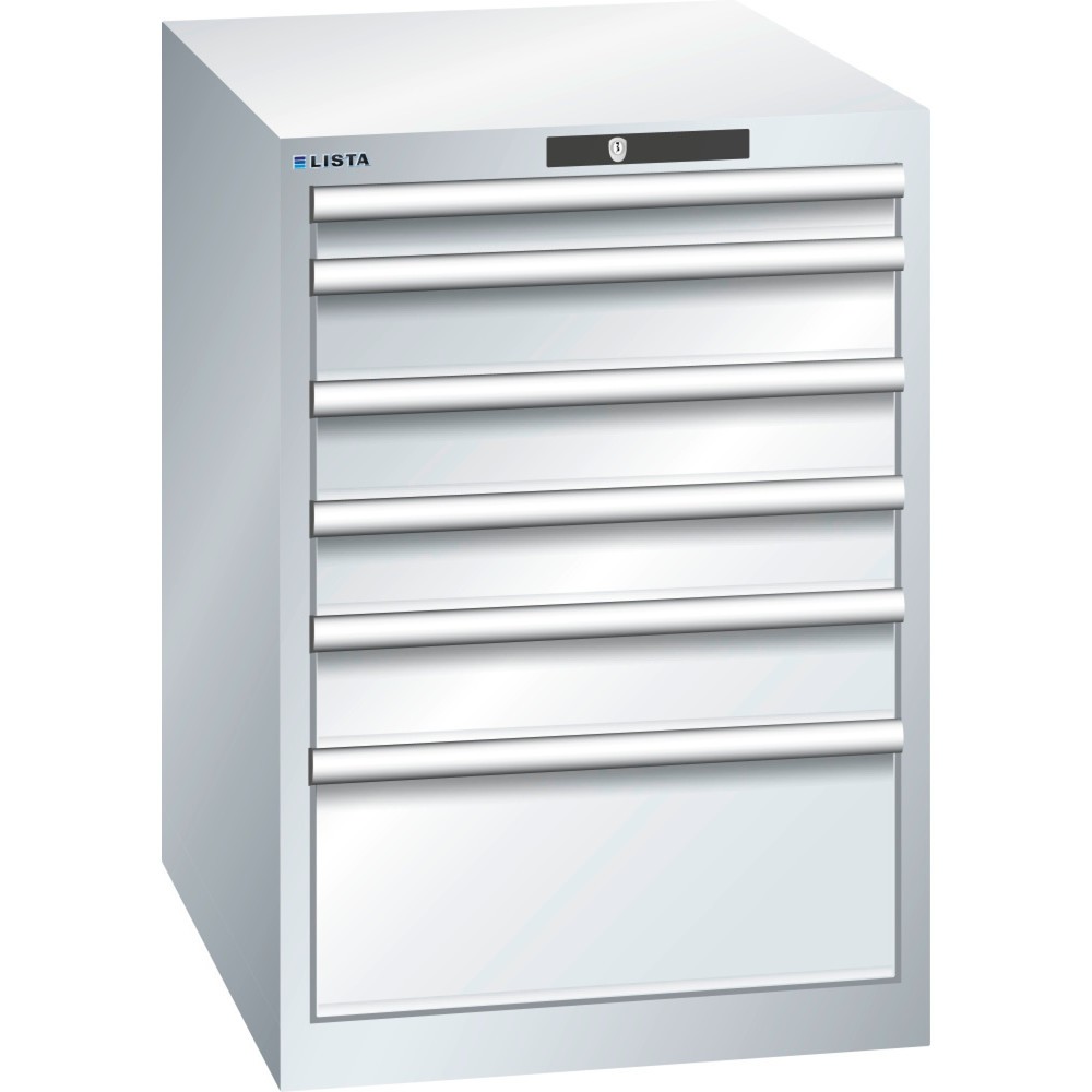 Produktabbildung: LISTA Schubladenschrank 27x36E, (BxTxH) 564x725x850mm, 6 Schubladen, Fronthöhen 75-250mm, lichtgrau, KEY Lock