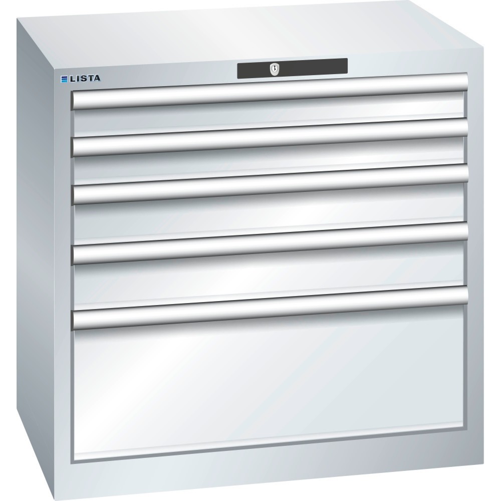 Produktabbildung: LISTA Schubladenschrank 36x27E, (BxTxH) 717x572x700mm, 5 Schubladen, 2 x 75 / 2 x 100 / 1 x 250, lichtgrau, CODE Lock