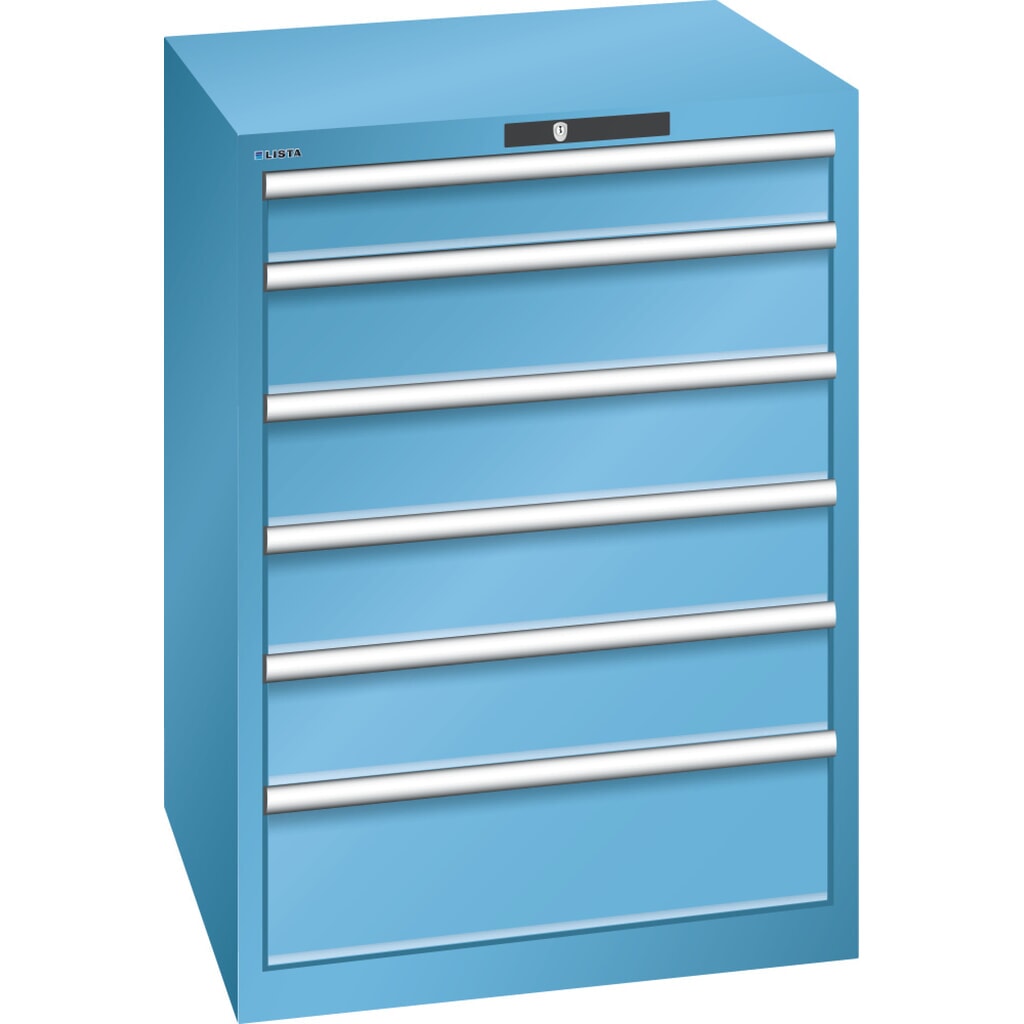LISTA Schubladenschrank 36x36E, (BxTxH) 717x725x1000mm, 6 Schubladen TK 200kg, lichtblau, KEY Lock Produktabbildung: LISTA Schubladenschrank 36x36E, (BxTxH) 717x725x1000mm, 6 Schubladen TK 200kg, lichtblau, KEY Lock