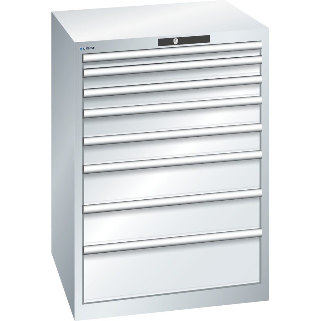 Produktabbildung: LISTA Schubladenschrank 36x36E, (BxTxH) 717x725x1000mm, 8 Schubladen, Fronthöhen 50-200mm, lichtgrau, KEY Lock