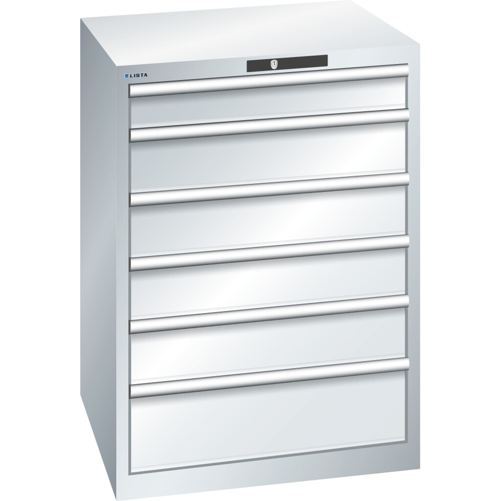 Produktabbildung: LISTA Schubladenschrank 36x36E, (BxTxH) 717x725x1000mm, 6 Schubladen, 1 x 100 / 4 x 150 / 1 x 200, lichtgrau, KEY Lock