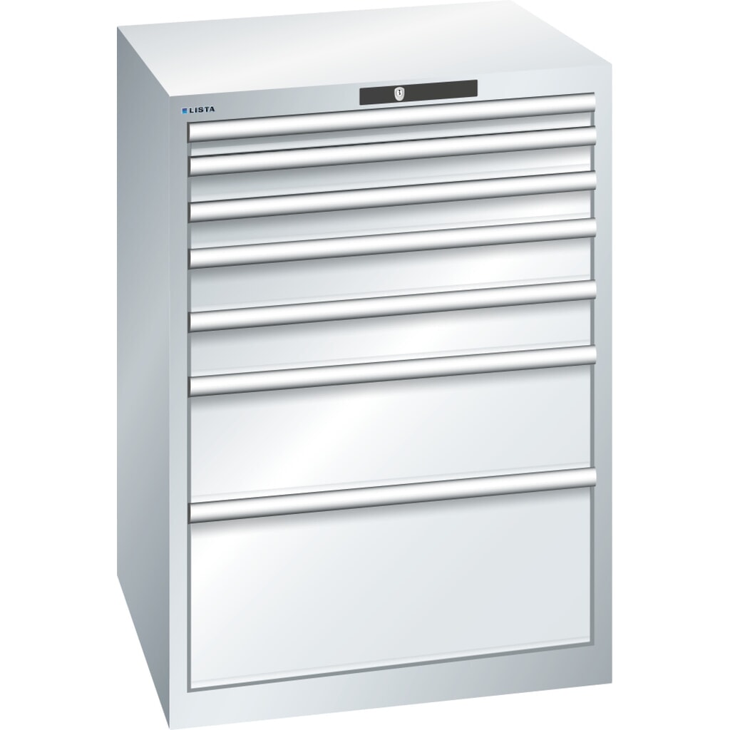 Produktabbildung: LISTA Schubladenschrank 36x36E, (BxTxH) 717x725x1000mm, 7 Schubladen, Fronthöhen 50-300mm, lichtgrau, KEY Lock