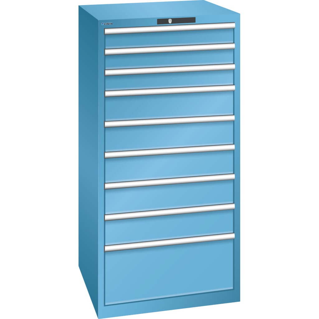LISTA Schubladenschrank 36x36E, (BxTxH) 717x725x1450mm, 9 Schubladen, 3 x 100 / 5 x 150 / 1 x 300, lichtblau, KEY Lock Produktabbildung: LISTA Schubladenschrank 36x36E, (BxTxH) 717x725x1450mm, 9 Schubladen, 3 x 100 / 5 x 150 / 1 x 300, lichtblau, KEY Lock