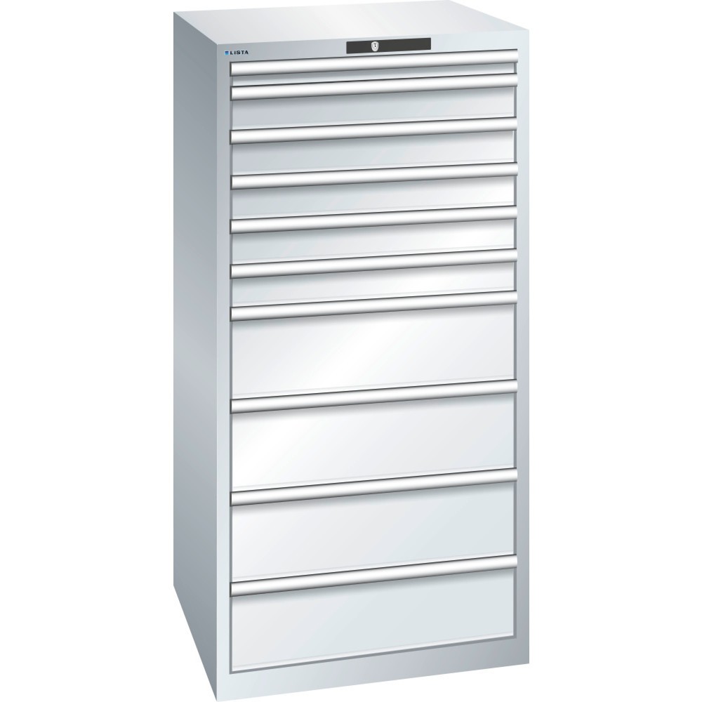 Produktabbildung: LISTA Schubladenschrank 36x36E, (BxTxH) 717x725x1450mm, 10 Schubladen, 1 x 50 / 5 x 100 / 4 x 200, lichtgrau, KEY Lock