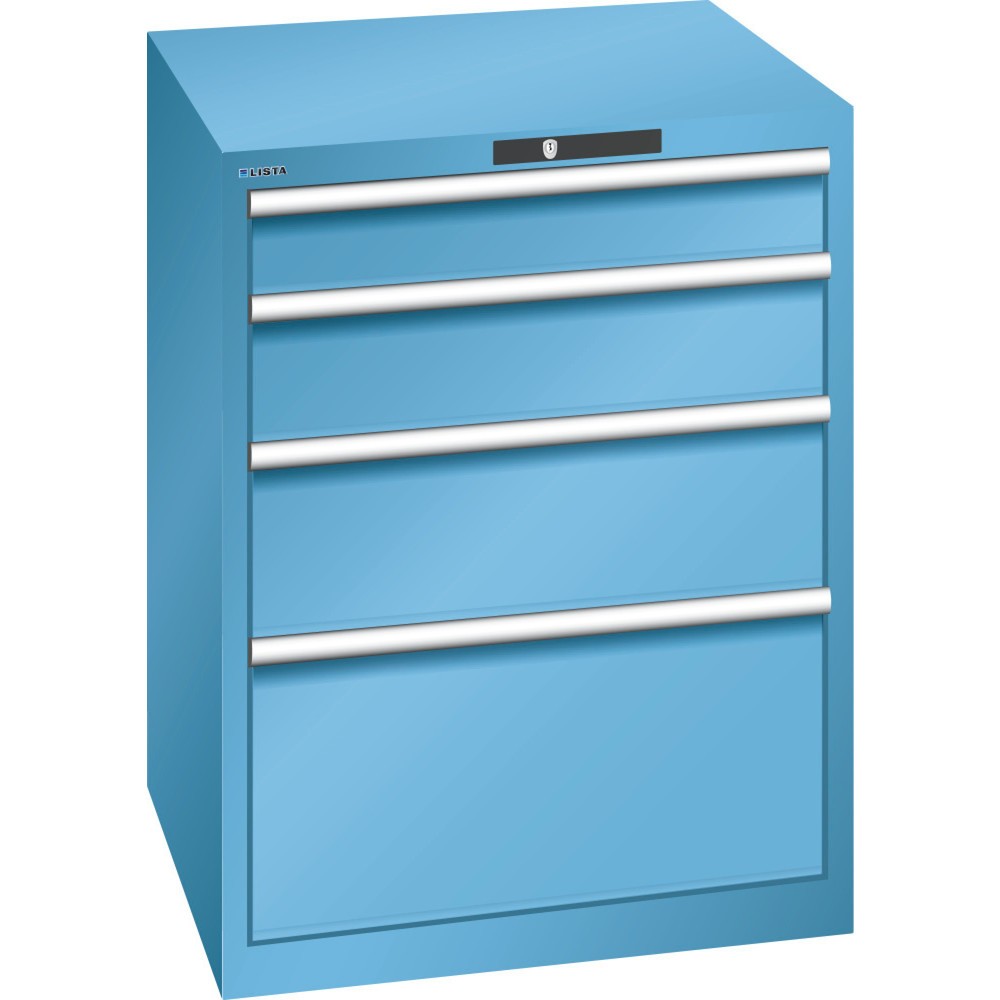 Produktabbildung: LISTA Schubladenschrank 36x36E, (BxTxH) 717x725x850mm, 4 Schubladen, Fronthöhen 100-300mm, lichtblau, CODE Lock