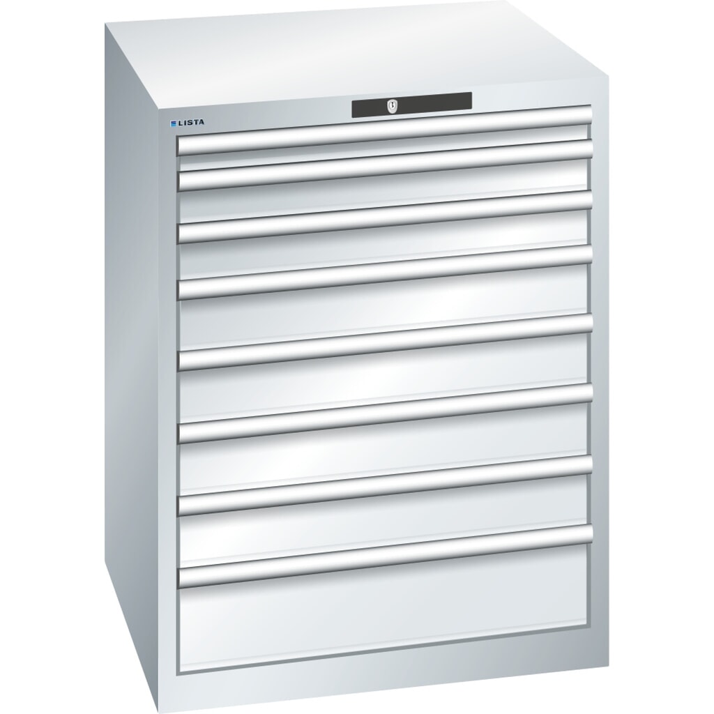 Produktabbildung: LISTA Schubladenschrank 36x36E, (BxTxH) 717x725x850mm, 8 Schubladen, Fronthöhen 50-150mm, lichtgrau, KEY Lock