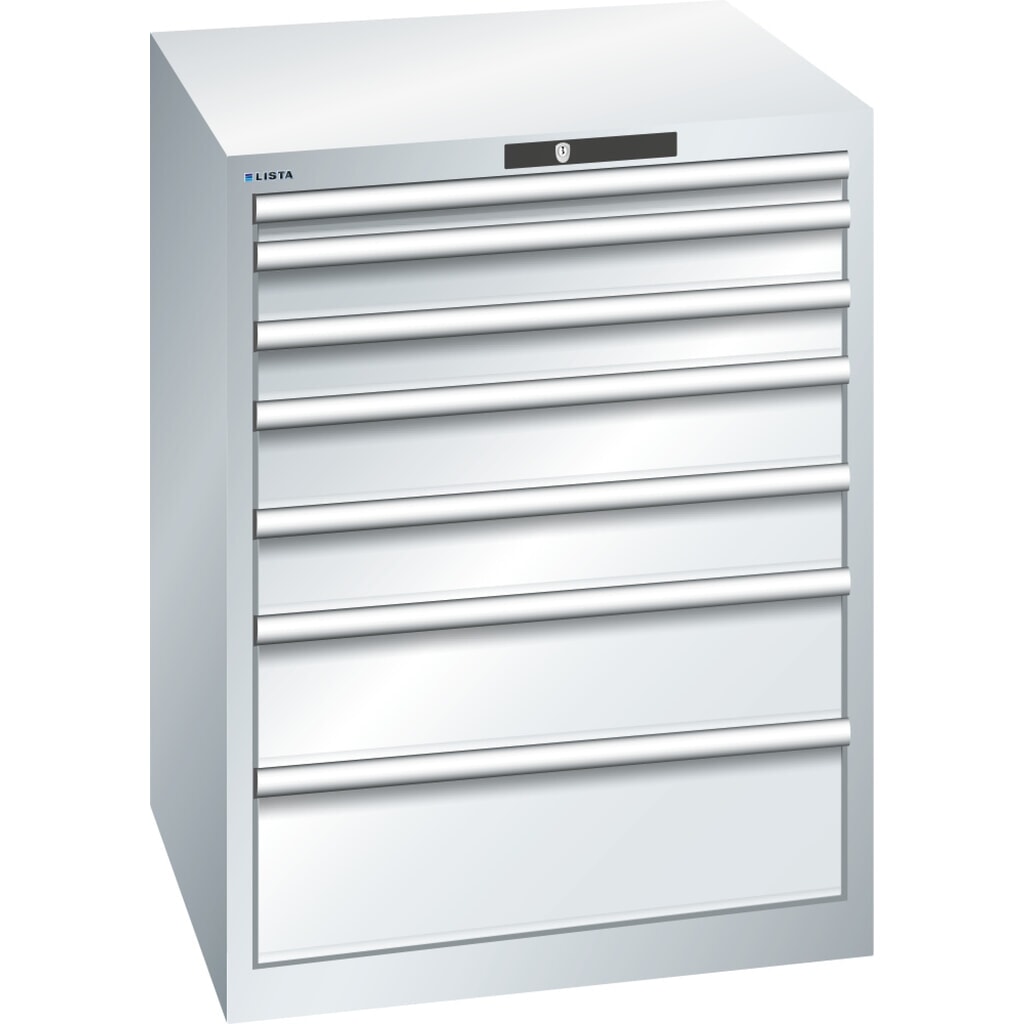 Produktabbildung: LISTA Schubladenschrank 36x36E, (BxTxH) 717x725x850mm, 7 Schubladen, Fronthöhen 50-200mm, lichtgrau, KEY Lock