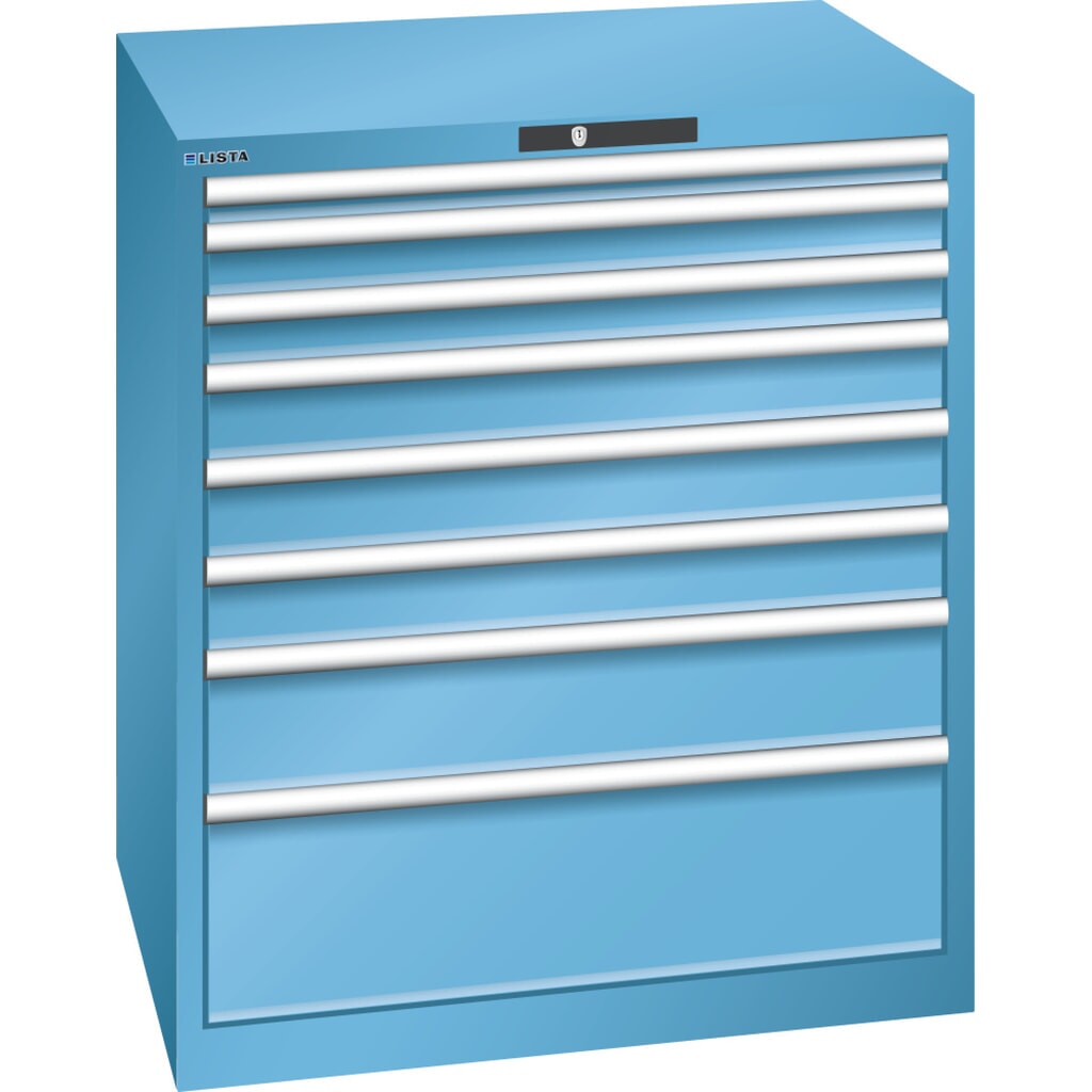 Produktabbildung: LISTA Schubladenschrank 45x36E, (BxTxH) 870x725x1000mm, 8 Schubladen, Fronthöhen 50-250mm, lichtblau, KEY Lock