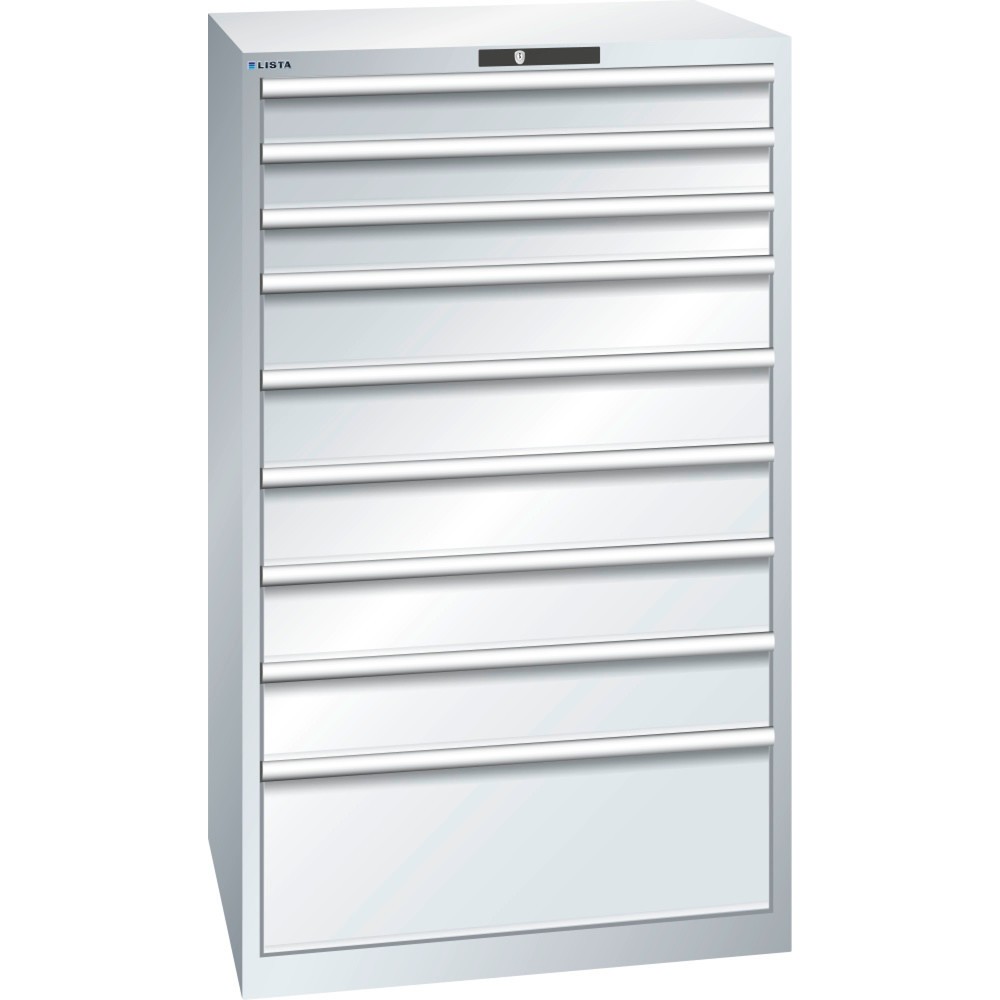 Produktabbildung: LISTA Schubladenschrank 45x36E, (BxTxH) 870x725x1450mm, 9 Schubladen, 3 x 100 / 5 x 150 / 1 x 300, lichtgrau, KEY Lock