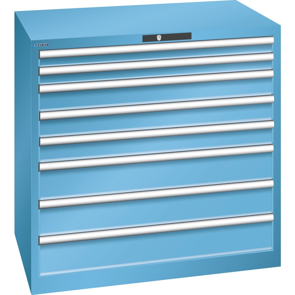 Produktabbildung: LISTA Schubladenschrank 54x36E, (BxTxH) 1023x725x1000mm, 8 Schubladen TK 200kg, lichtblau, CODE Lock