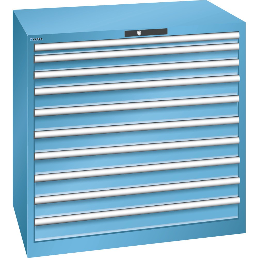 Produktabbildung: LISTA Schubladenschrank 54x36E, (BxTxH) 1023x725x1000mm, 10 Schubladen, 1 x 50 / 2 x 75 / 7 x 100, lichtblau, KEY Lock