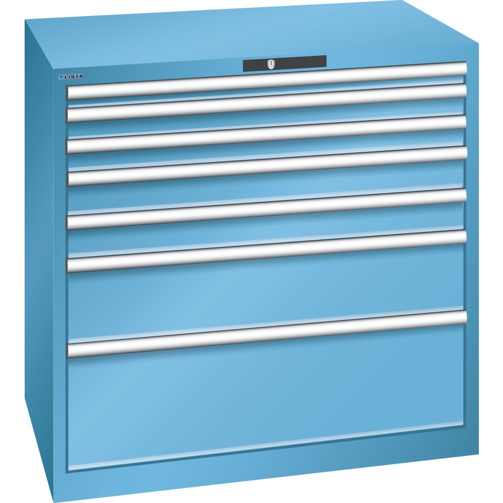 Produktabbildung: LISTA Schubladenschrank 54x36E, (BxTxH) 1023x725x1000mm, 7 Schubladen, Fronthöhen 50-300mm, lichtblau, CODE Lock