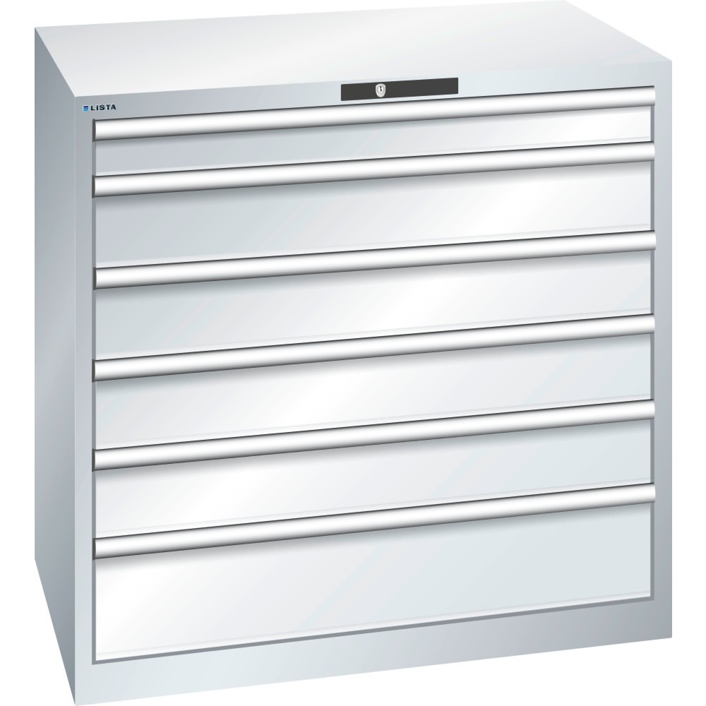 Produktabbildung: LISTA Schubladenschrank 54x36E, (BxTxH) 1023x725x1000mm, 6 Schubladen, 1 x 100 / 4 x 150 / 1 x 200, lichtgrau, KEY Lock