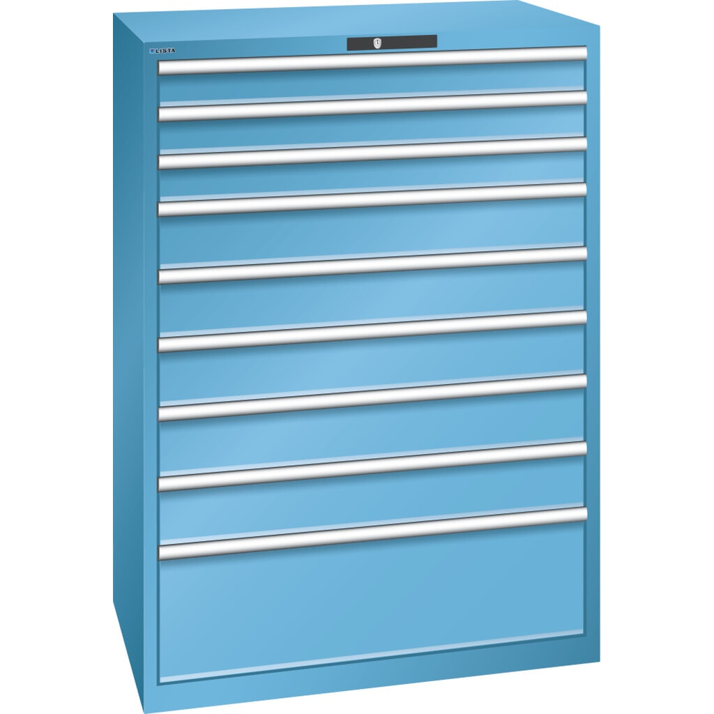 Produktabbildung: LISTA Schubladenschrank 54x36E, (BxTxH) 1023x725x1450mm, 9 Schubladen, 3 x 100 / 5 x 150 / 1 x 300, lichtblau, KEY Lock