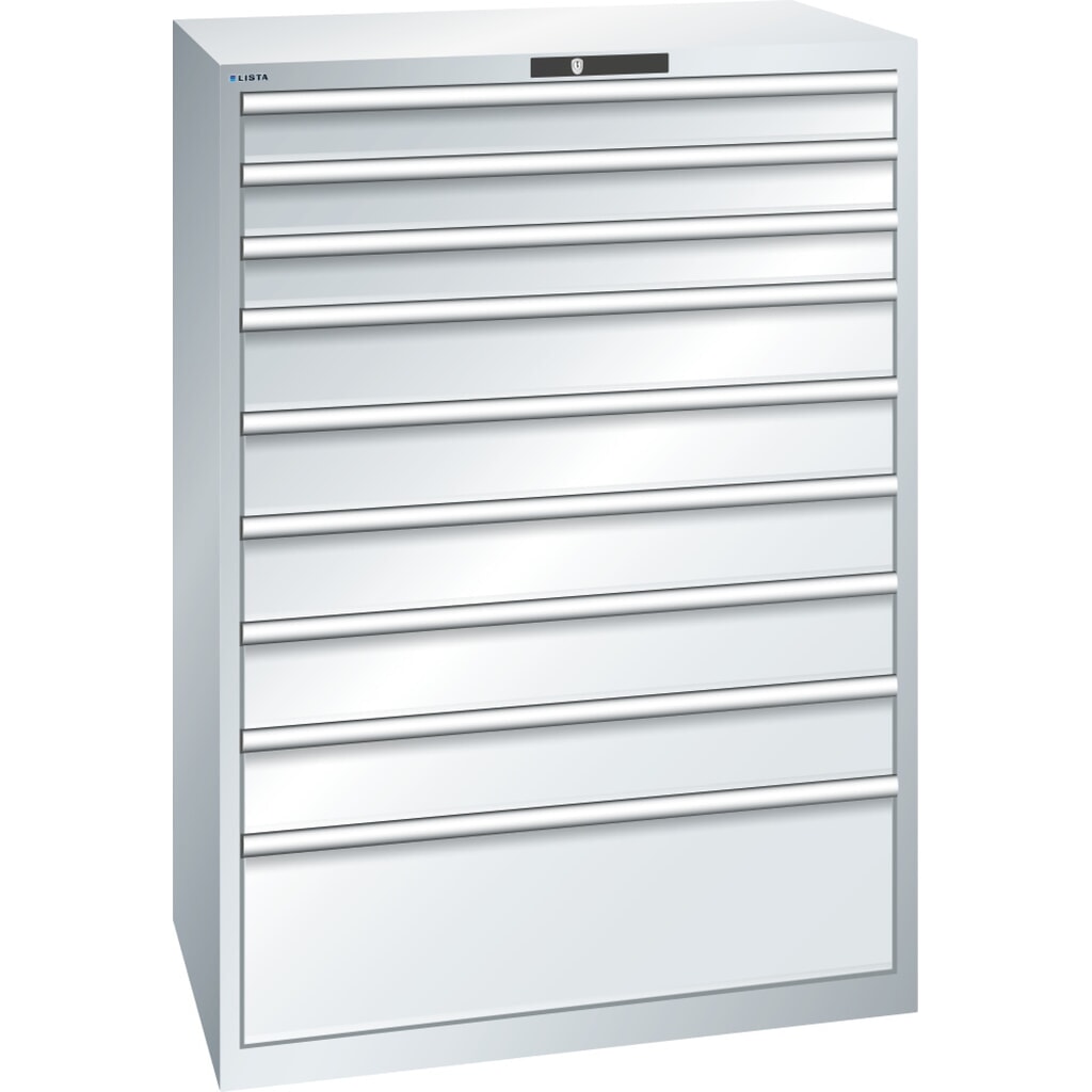 Produktabbildung: LISTA Schubladenschrank 54x36E, (BxTxH) 1023x725x1450mm, 9 Schubladen TK 200kg, lichtgrau, KEY Lock