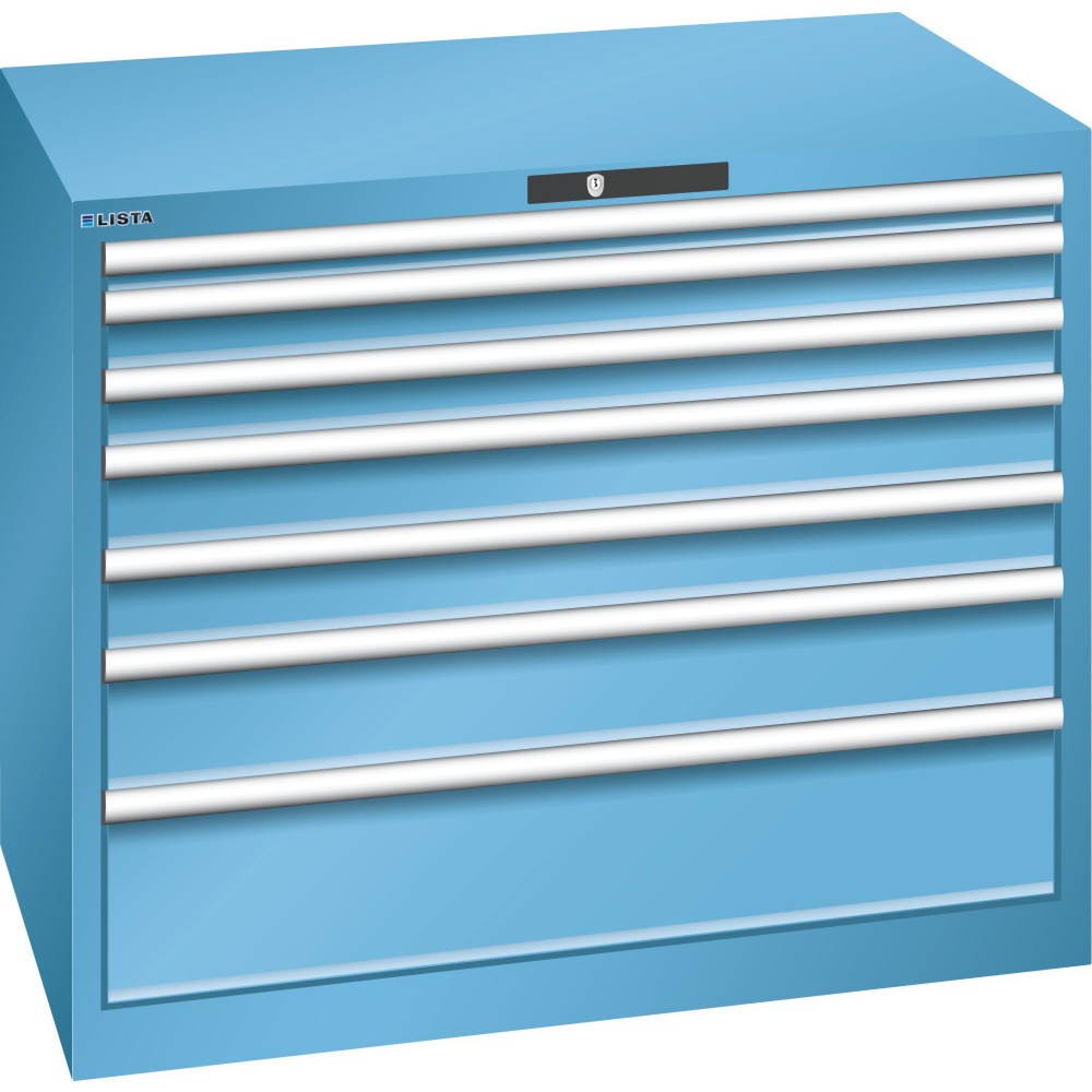 Produktabbildung: LISTA Schubladenschrank 54x36E, (BxTxH) 1023x725x850mm, 7 Schubladen TK 200kg, lichtblau, KEY Lock