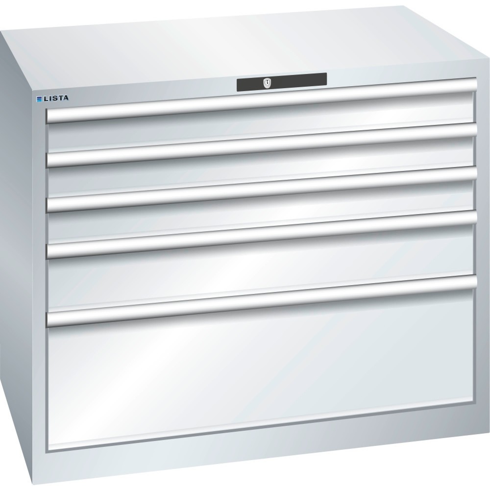 Produktabbildung: LISTA Schubladenschrank 54x36E, (BxTxH) 1023x725x850mm, 5 Schubladen, 3 x 100 / 1 x 150 / 1 x 300, lichtgrau, CODE Lock